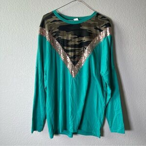 Sunshine & Rodeos Camo Turquoise & Gold Glitter Long Sleeve Shirt Size XL